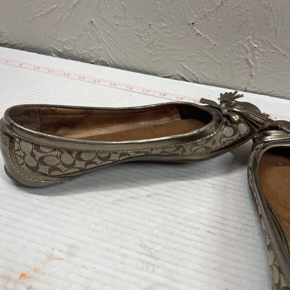 Coach Sophia Gold Metallic Canvas Tassel Bow Tie Ballet Flats Size 8.5 - Picture 5 of 6
